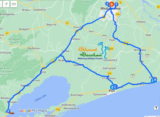 Bhubaneswar-Puri-Konark tour package by Bharat Darshan Dwarka New Delhi Map.png
